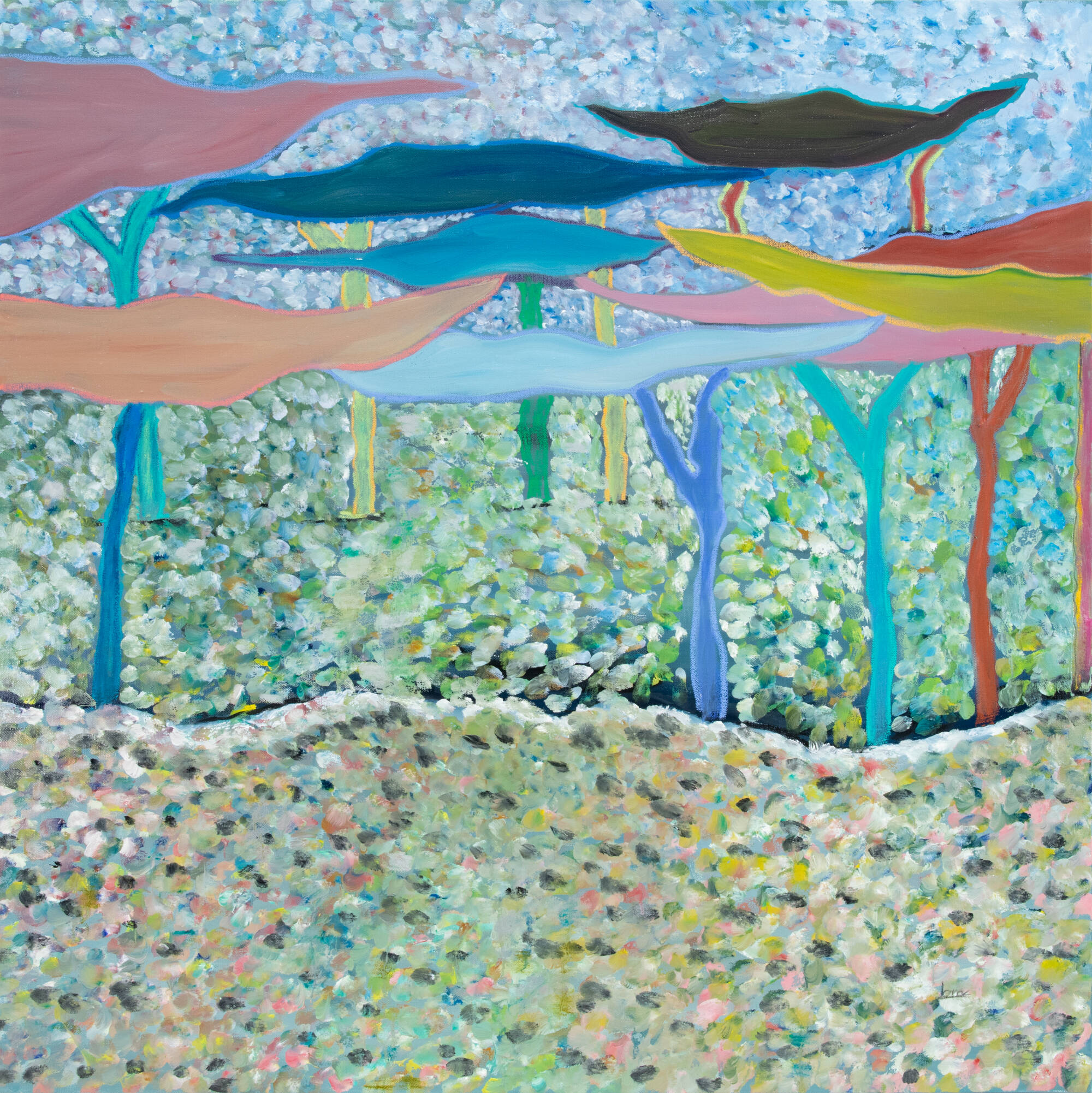 Brightly colored landscapes with speckled colored ground and mushroom-like trees.